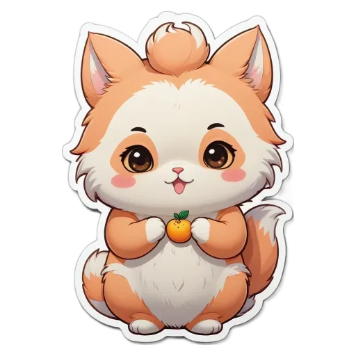 A cartoon cat holding an orange in its mouth.