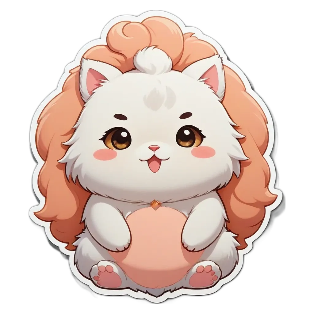 A white cat with pink ears sitting on a stuffed peach.