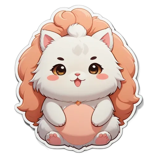 A white cat with pink ears sitting on a stuffed peach.
