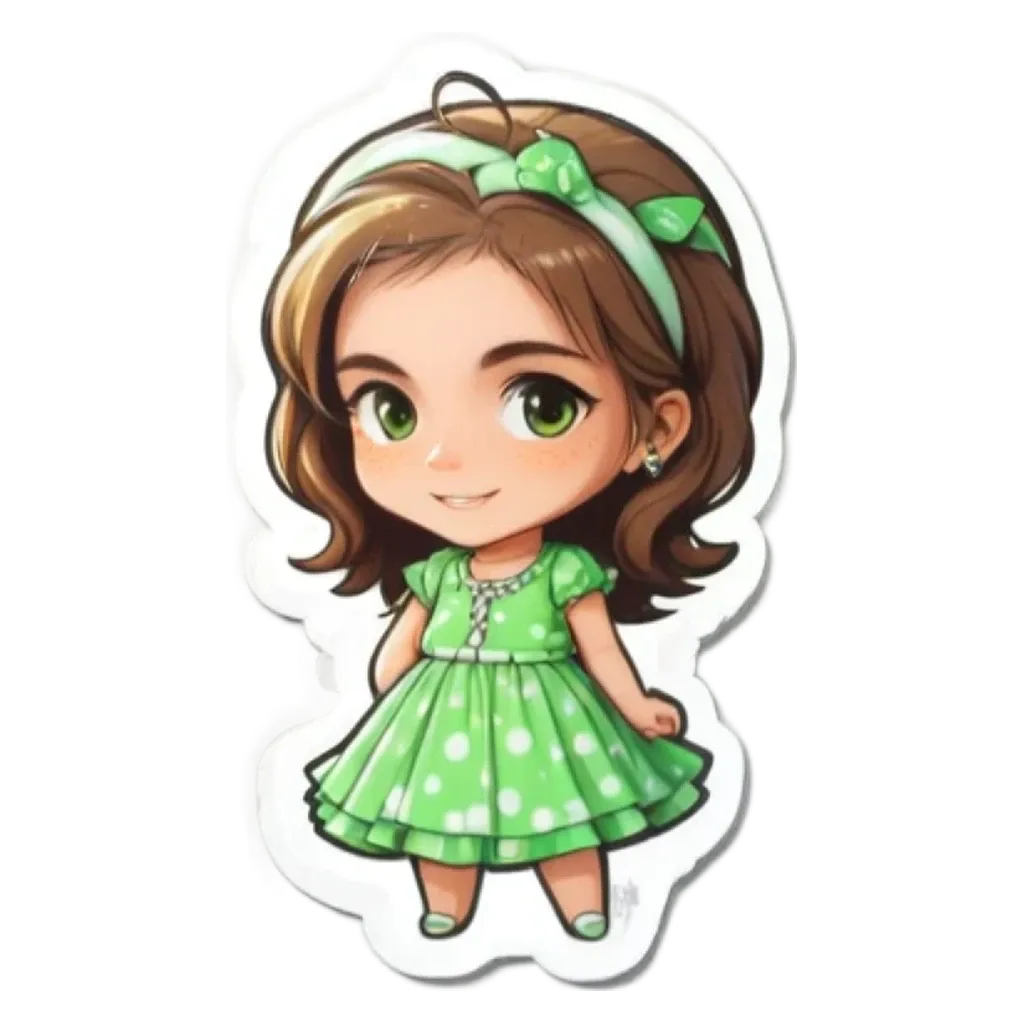 A girl with green dots on a dress has a bow in her hair.