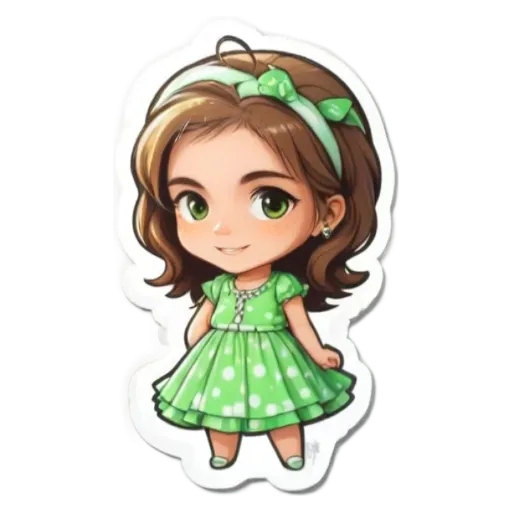 A girl with green dots on a dress has a bow in her hair.