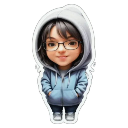 A girl wearing a blue hoodie and glasses.