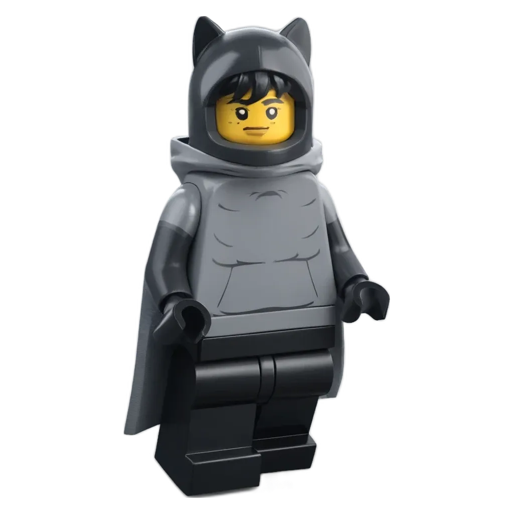 A lego person that is all black with a gray hood.