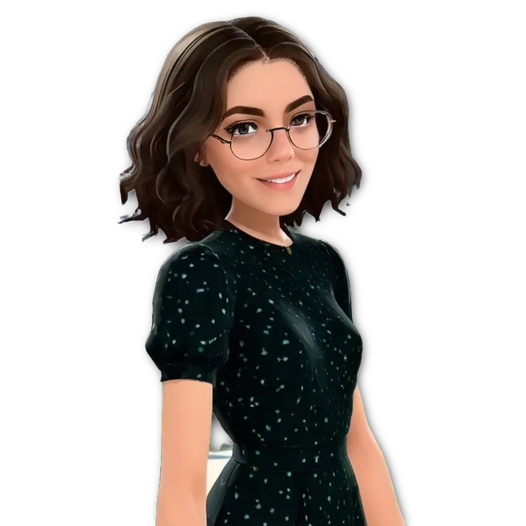 A woman wearing a dress is standing in front of a black background.