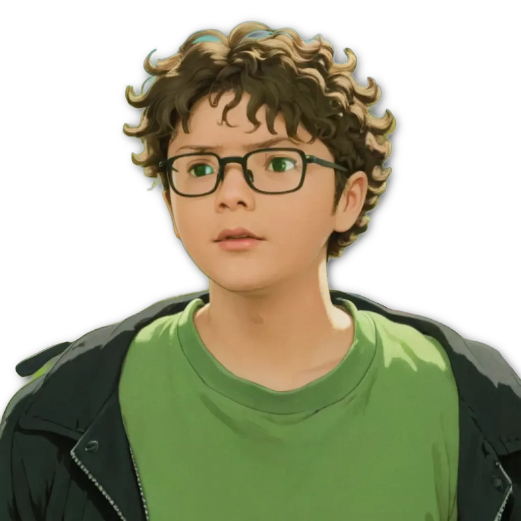 A boy wearing green and black glasses.