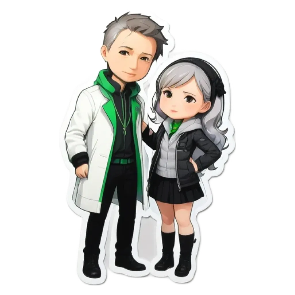 A man and a woman in a cartoonish drawing with black and white clothing.