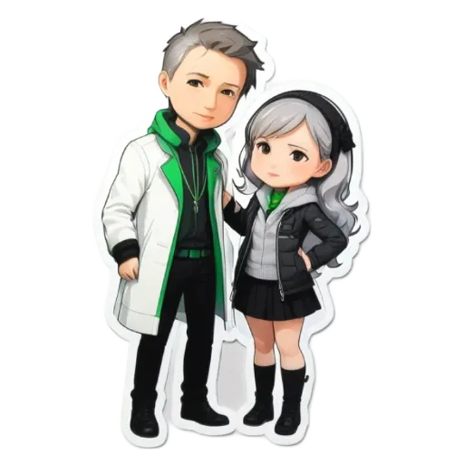 A man and a woman in a cartoonish drawing with black and white clothing.
