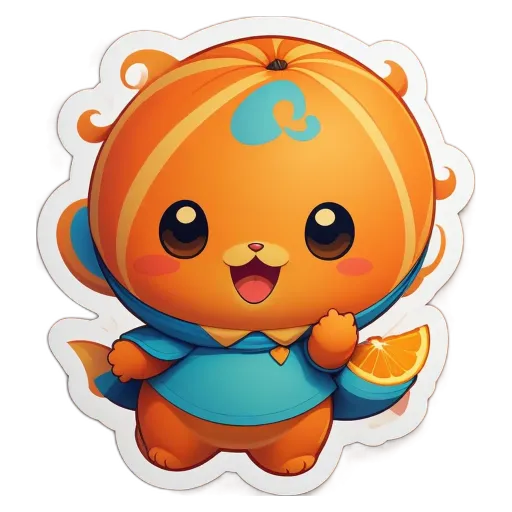A cute orange and blue teddy bear holding an orange.