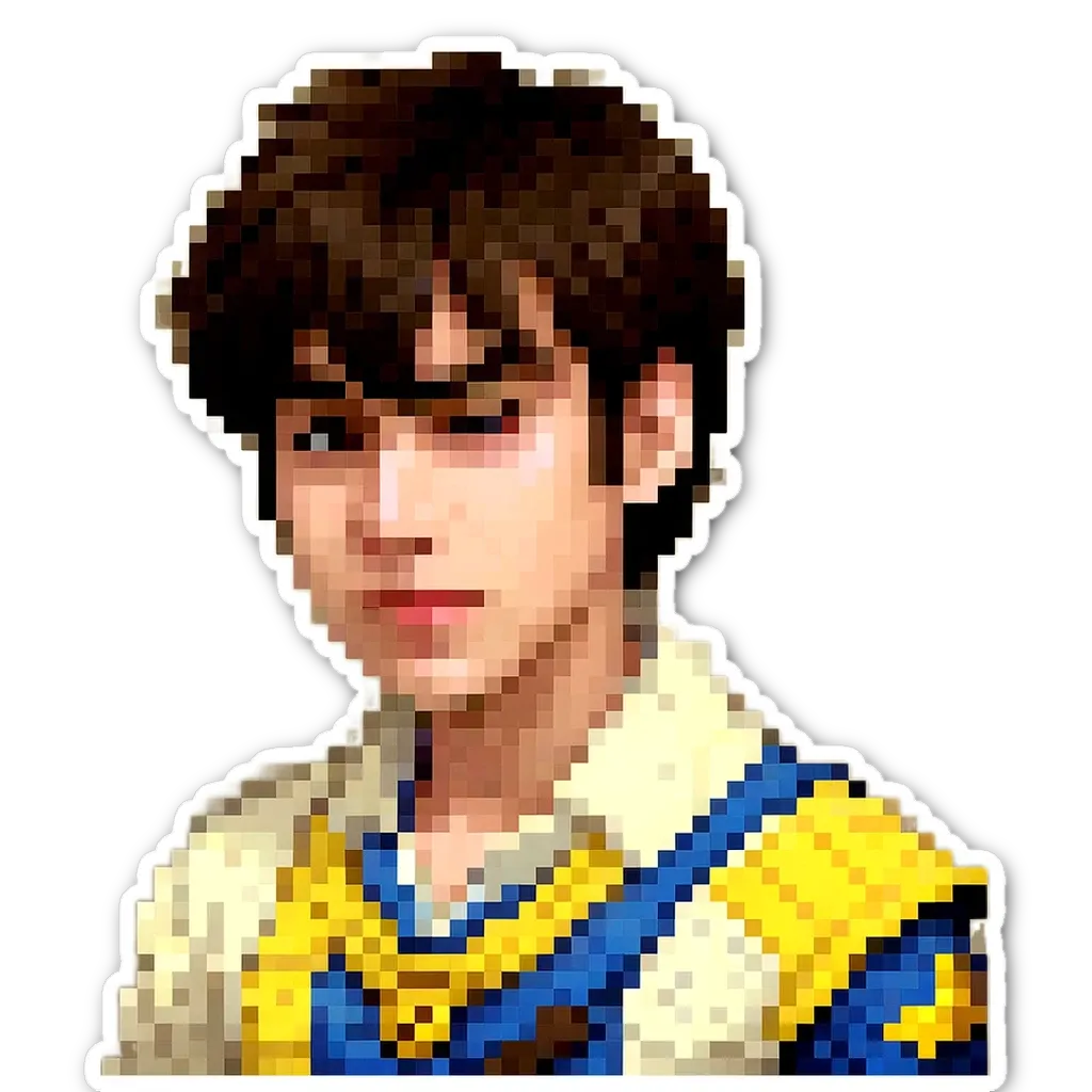 A boy wearing a yellow and blue uniform with a black background.