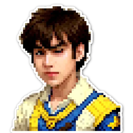 A boy wearing a yellow and blue uniform with a black background.