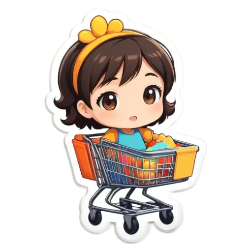 A girl is shopping with a cart and she is looking inside the cart.