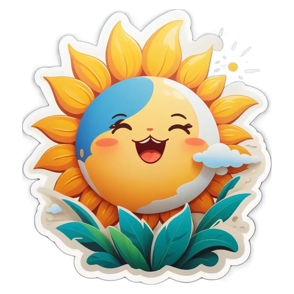 A cartoon sunflower with blue and yellow petals is smiling.