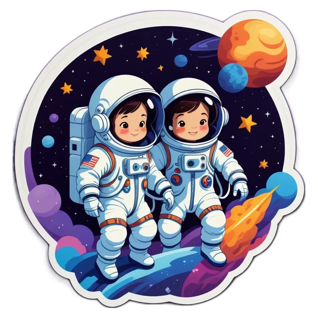 A space theme with two people in spacesuits and stars on the background.