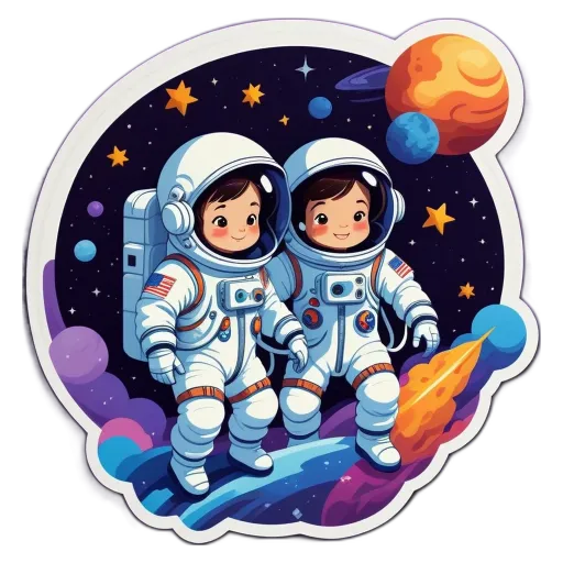 A space theme with two people in spacesuits and stars on the background.