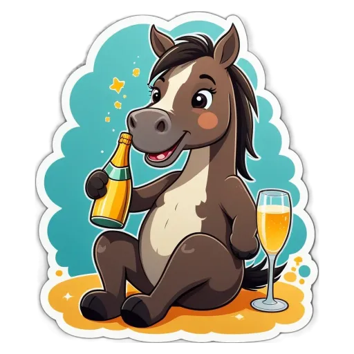 A cartoon horse drinking from a bottle of champagne.