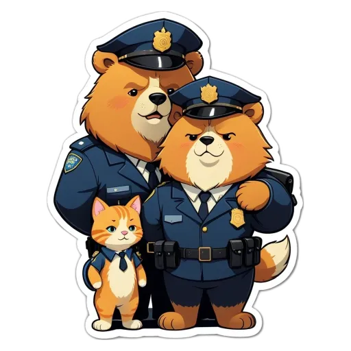 Bear cat and police officers sticker on black background.