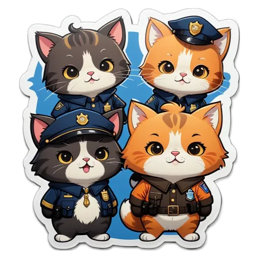 Four cats in uniform with the words police cats sticker on a black background.