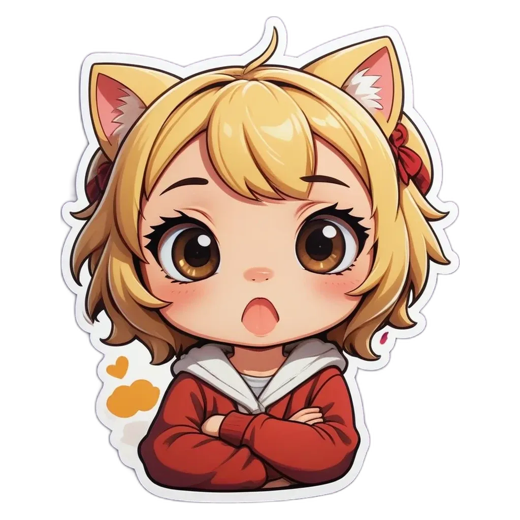 A girl with a sticker on her that is cat looking sad.