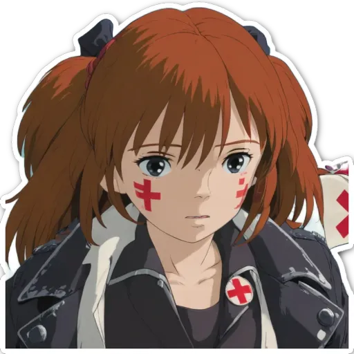 A girl with a red cross on her cheek is looking down.