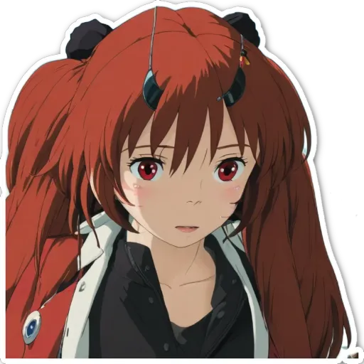 An anime character looking at the camera with red eyes.