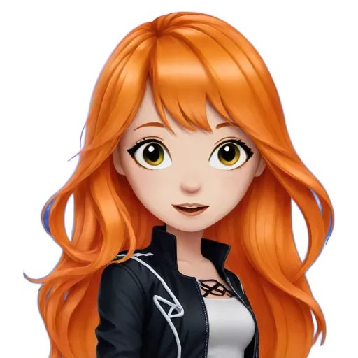 An orange haired girl wearing a black jacket.