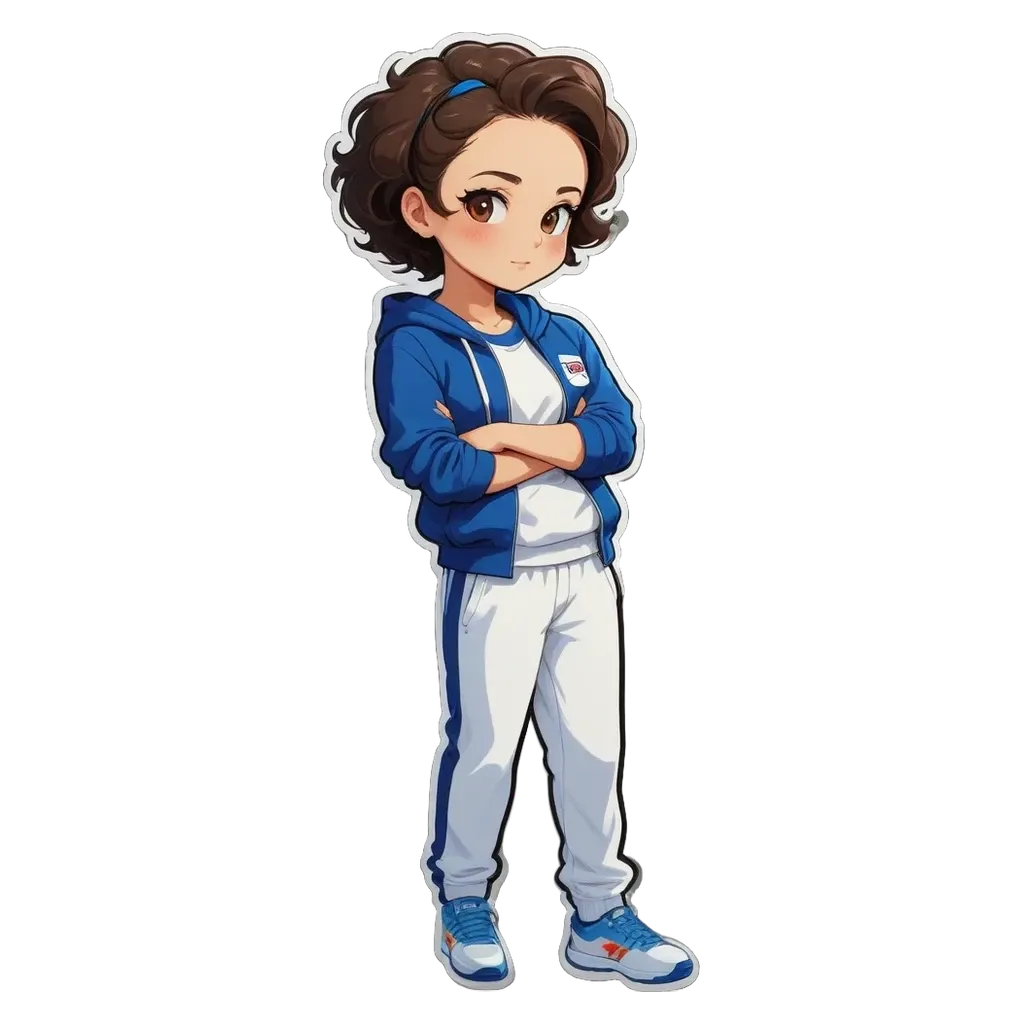 A girl in a blue hoodie and white pants standing with her arms crossed.