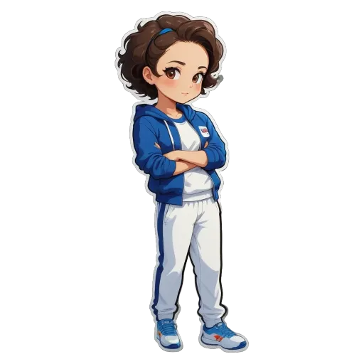 A girl in a blue hoodie and white pants standing with her arms crossed.