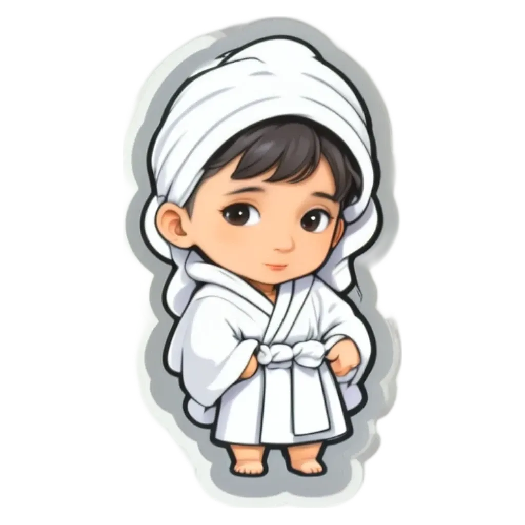 A boy is wearing a bathrobe and there is a white background.