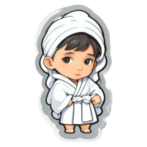 A boy is wearing a bathrobe and there is a white background.
