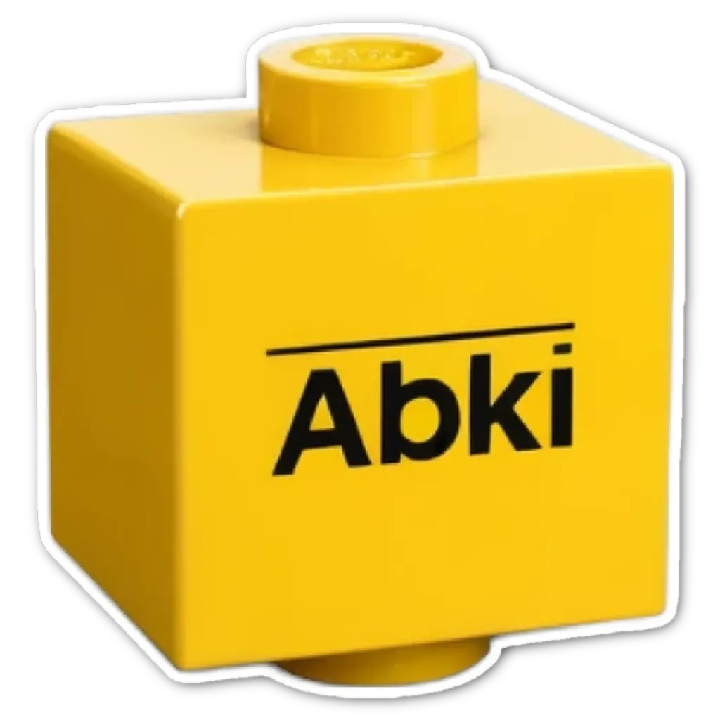 A yellow lego box with the words Abbi printed on the front.