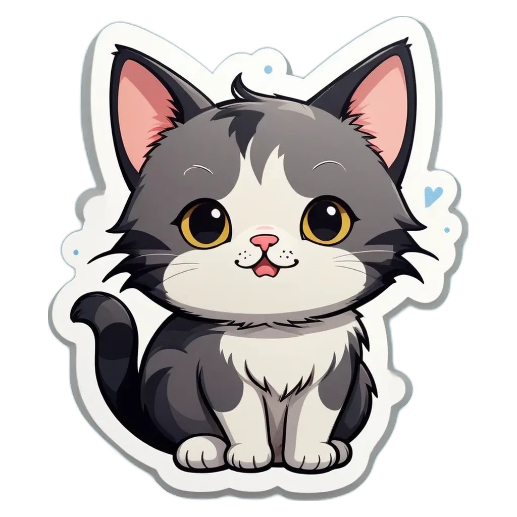 A cat sticker with black and white fur.