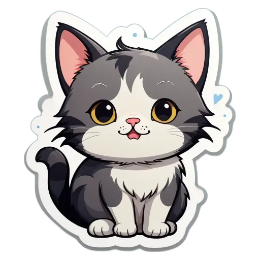 A cat sticker with black and white fur.