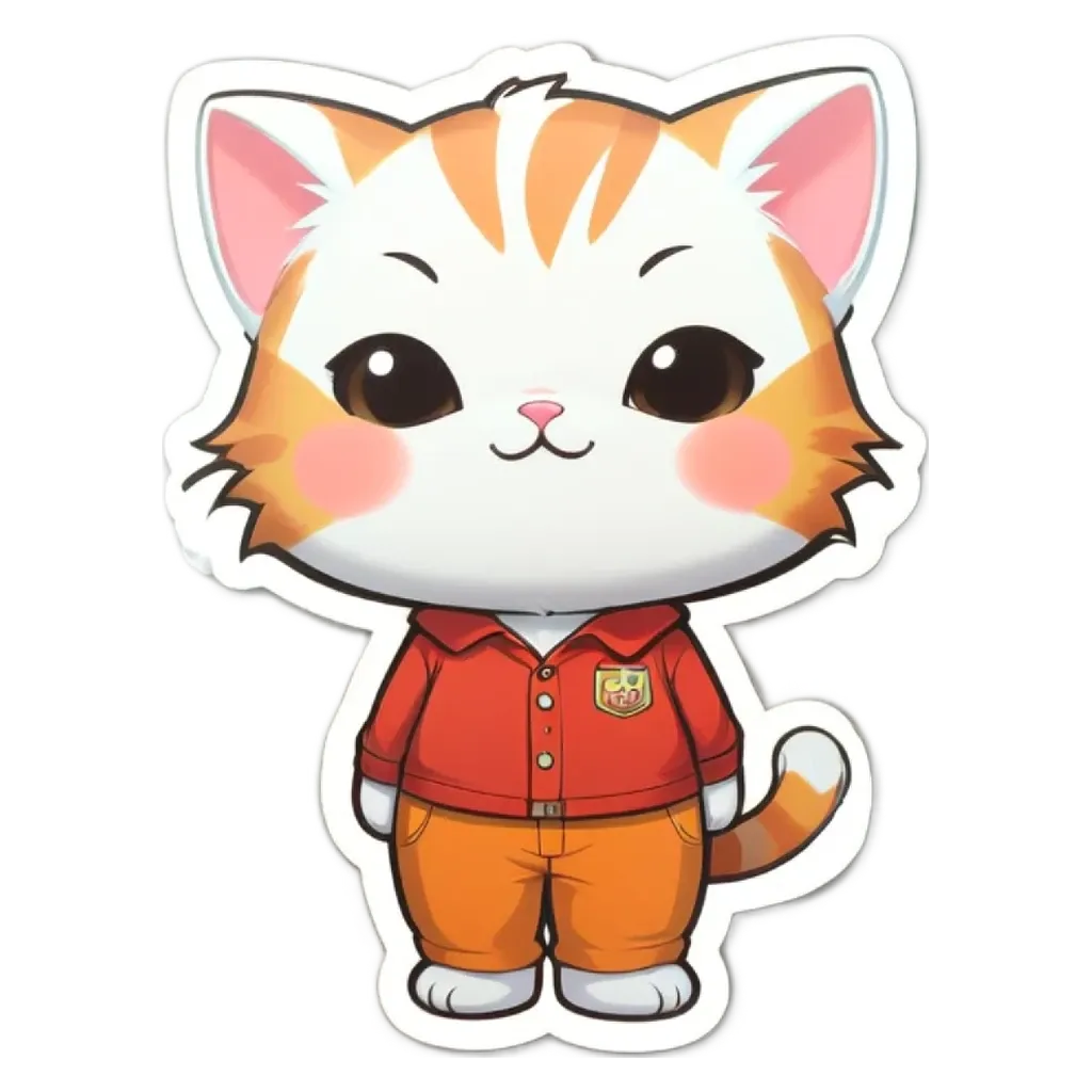 A cartoon cat wearing a red shirt and orange pants standing on a white background.