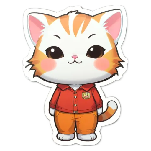 A cartoon cat wearing a red shirt and orange pants standing on a white background.