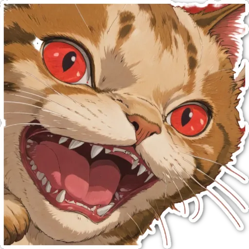 A cartoon cat with red eyes and teeth that is yelling.