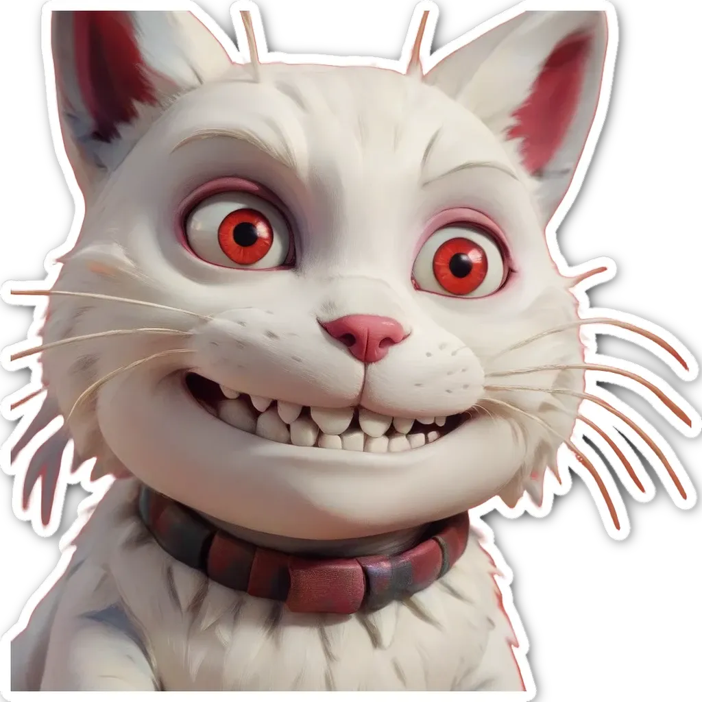 A white cat with red eyes and a red collar.