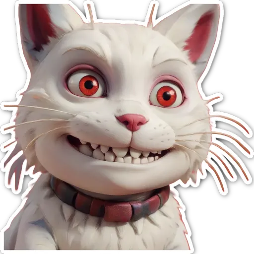 A white cat with red eyes and a red collar.