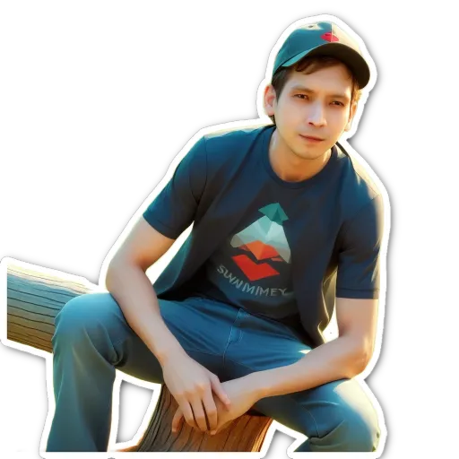 A boy is sitting on a tree stump wearing a blue shirt with a logo that says "swimminey".