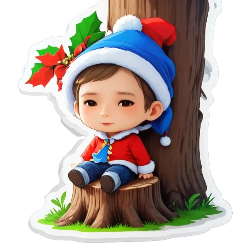 A boy is sitting on a tree stump which is part of a Christmas themed display.