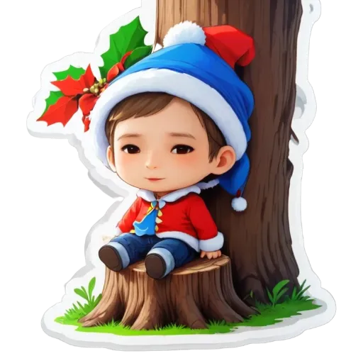 A boy is sitting on a tree stump which is part of a Christmas themed display.
