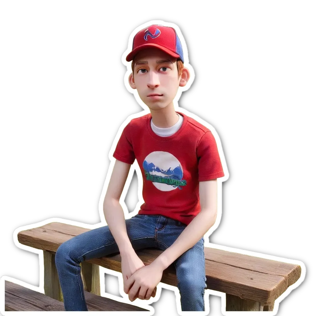 A boy is sitting on a bench wearing a red shirt and blue hat.