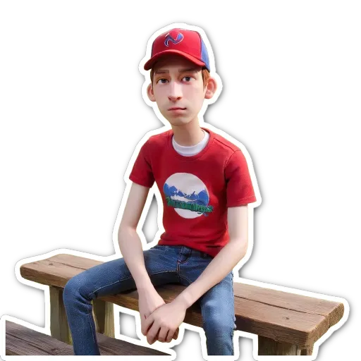 A boy is sitting on a bench wearing a red shirt and blue hat.