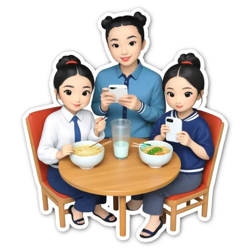 Three cartoonish people sitting at a table with bowls and phones.