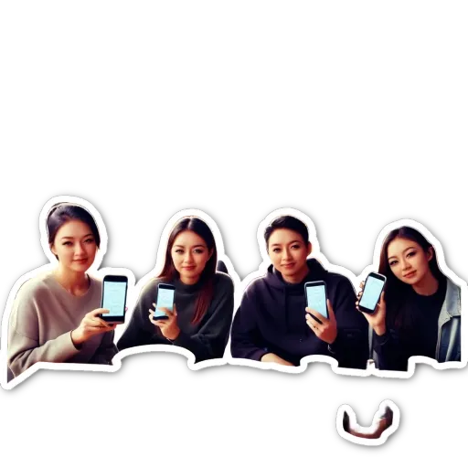 Four girls are holding cell phones and posing for the camera.