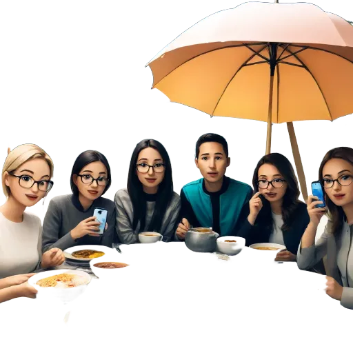 Six people sitting around a table with food and drinks.