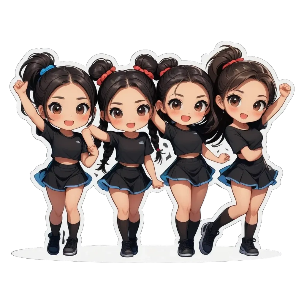 Four girls wearing black uniforms with red scrunchies are standing next to each other.