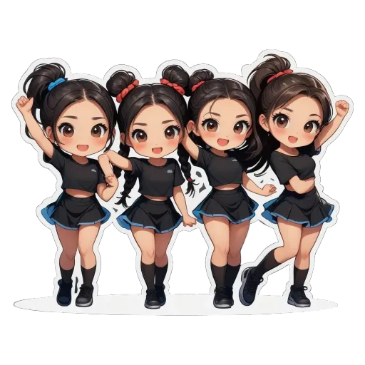 Four girls wearing black uniforms with red scrunchies are standing next to each other.