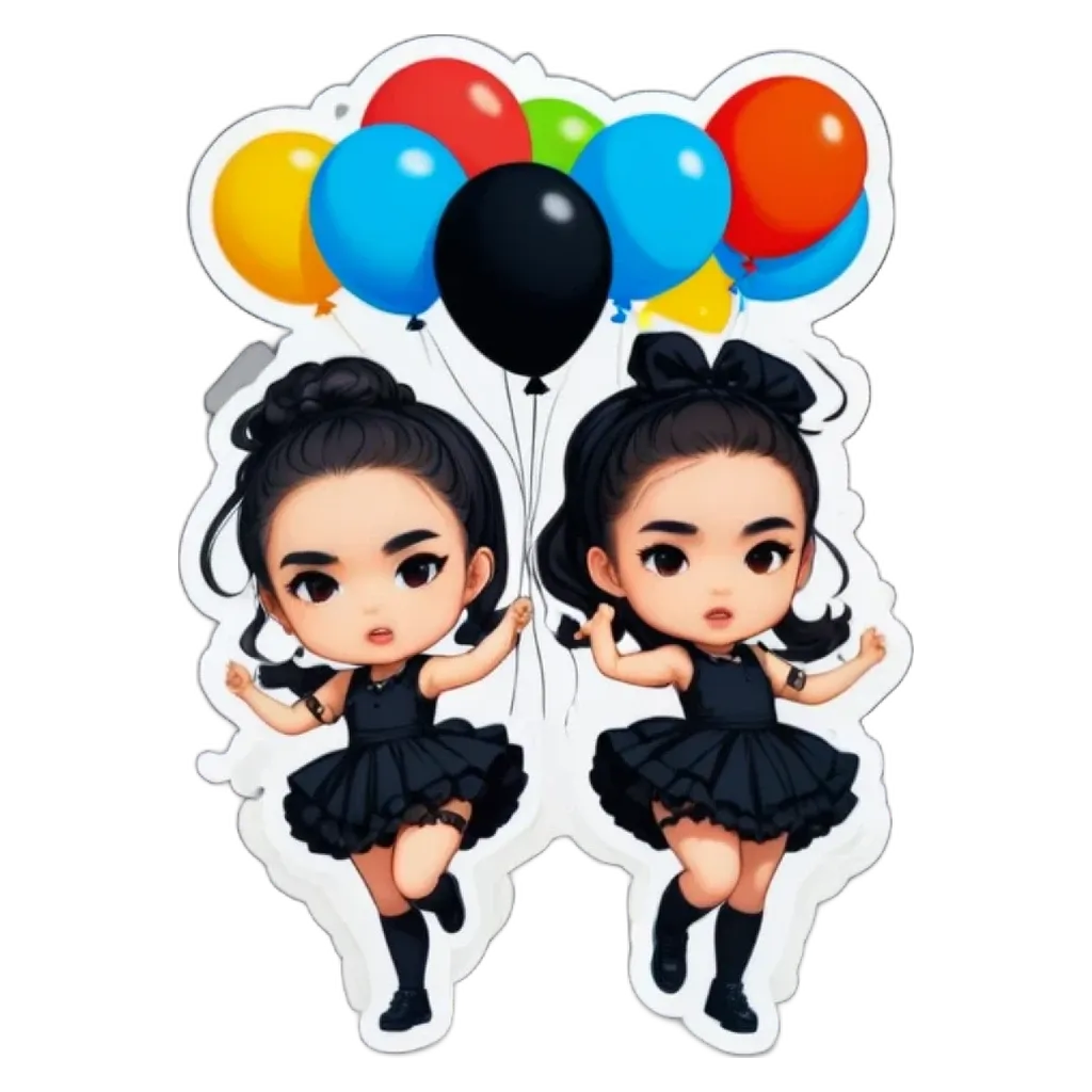 A girl with two balloons around her head is on the left side of the image.