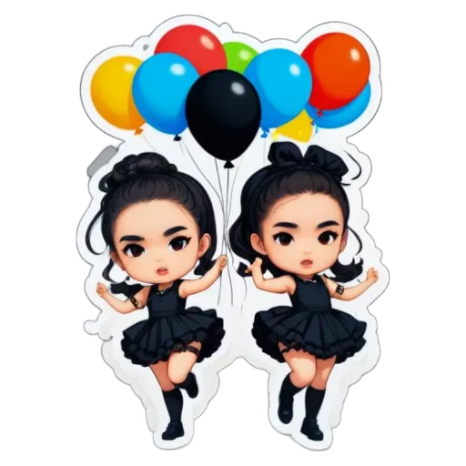 A girl with two balloons around her head is on the left side of the image.