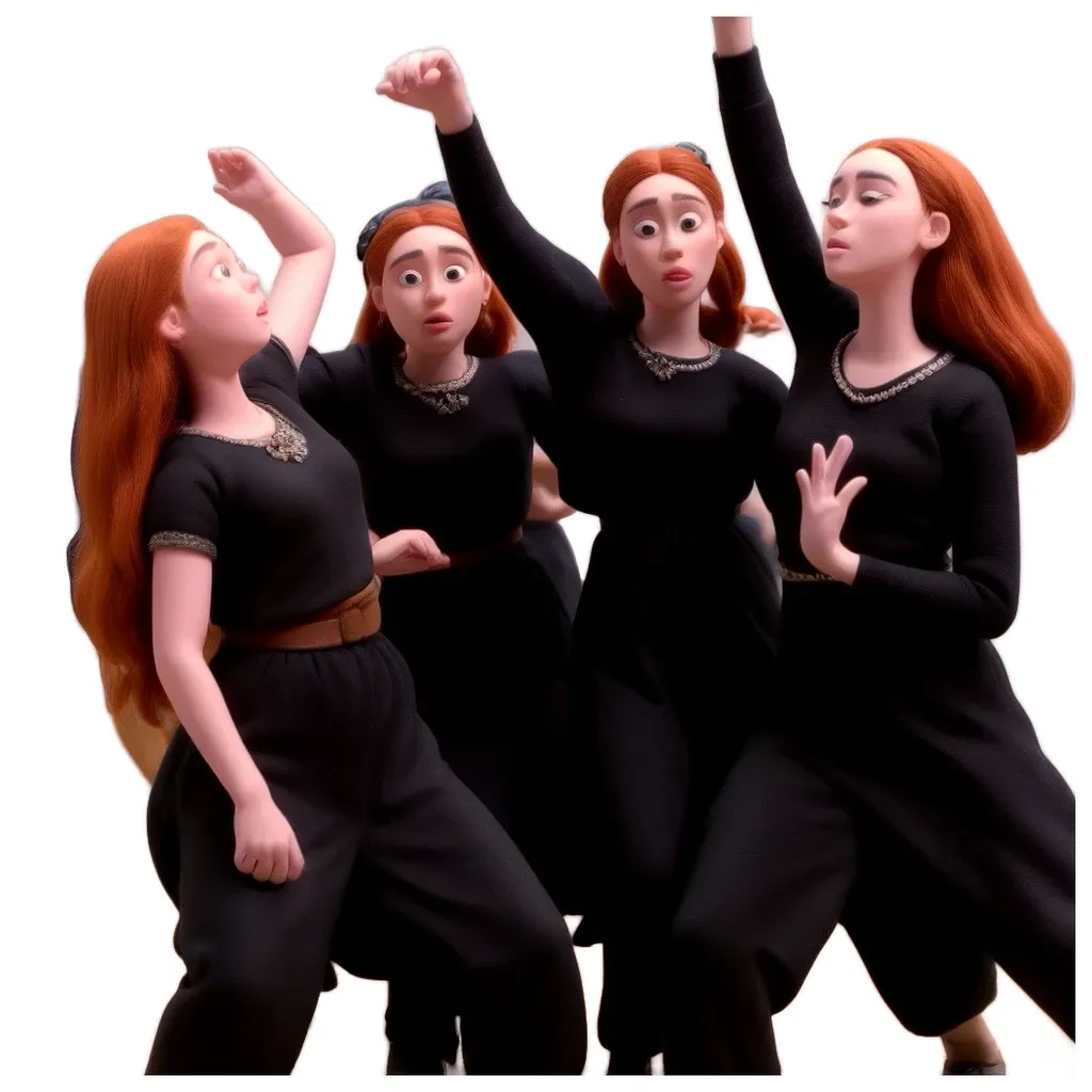 Four girls are on a black background with hands up.